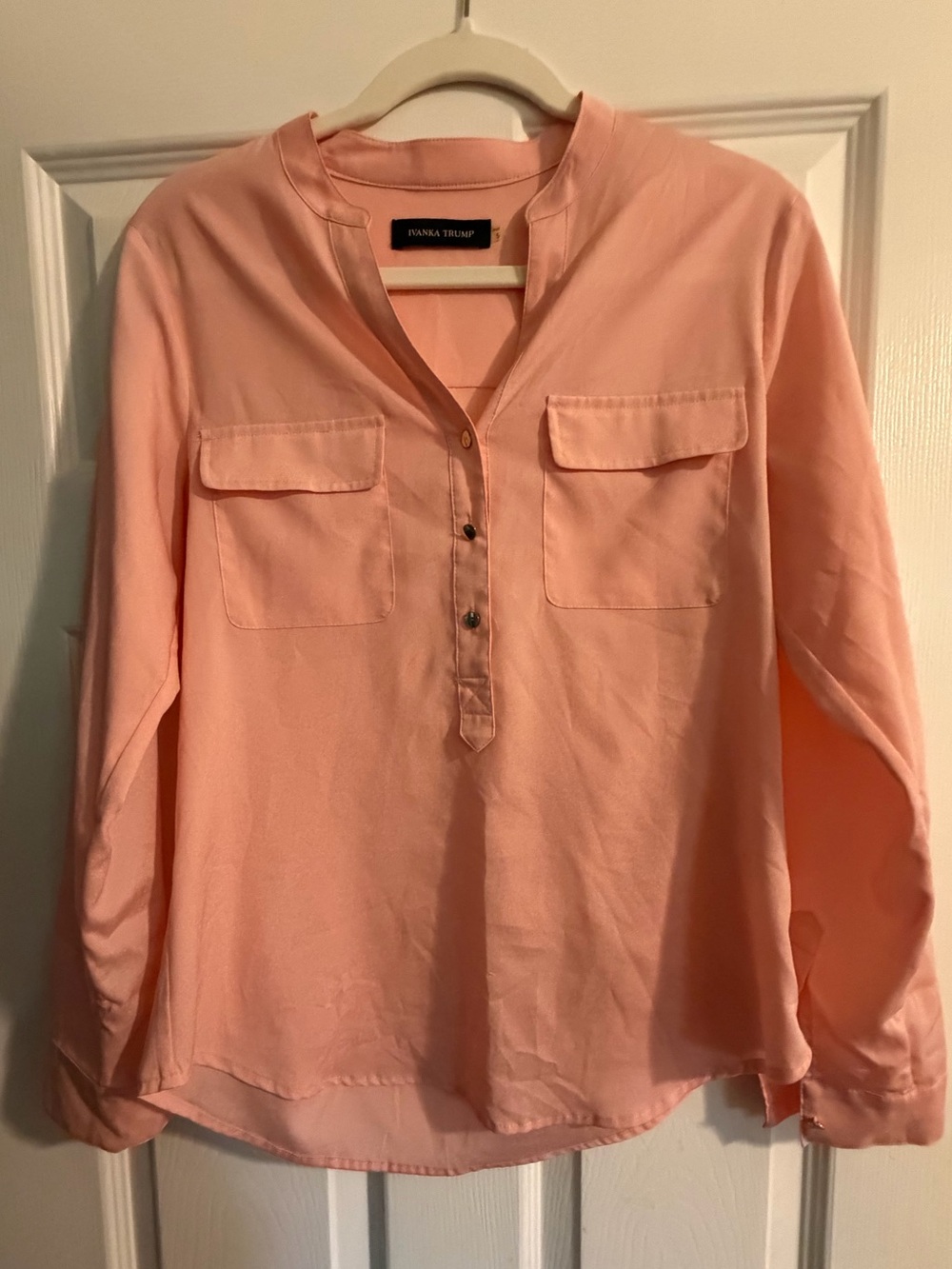 Ivanka Trump Peach Long-Sleeve Split-Neck Blouse small